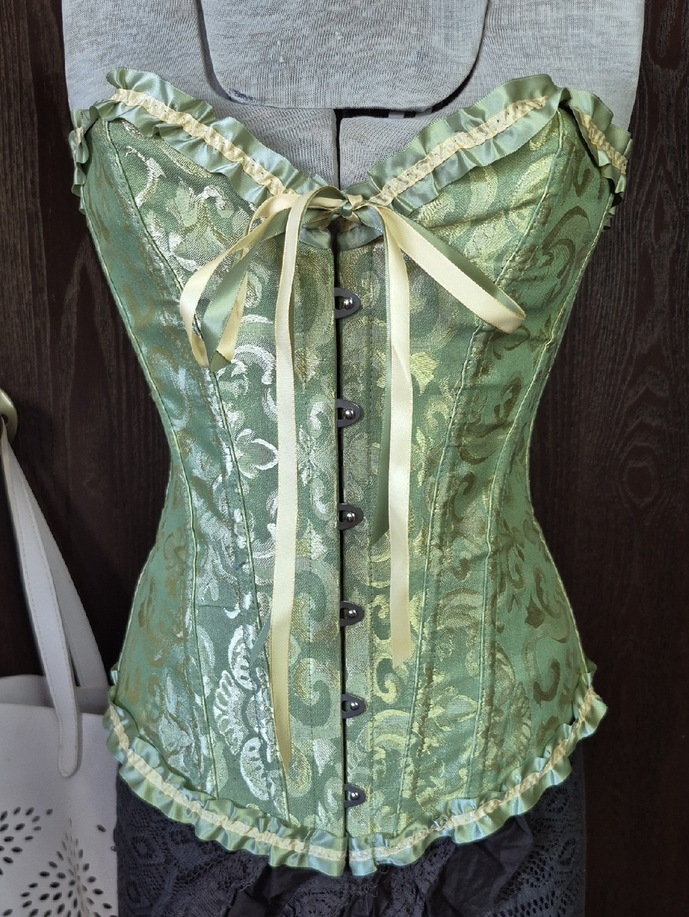 NWOT Green Brocade Satin Corset with Ribbon Trim
